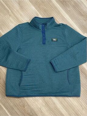 LL Bean Pullover Womens 1X Reg Blue Quilted Ribbed Fleece Snap T Neck Sweater